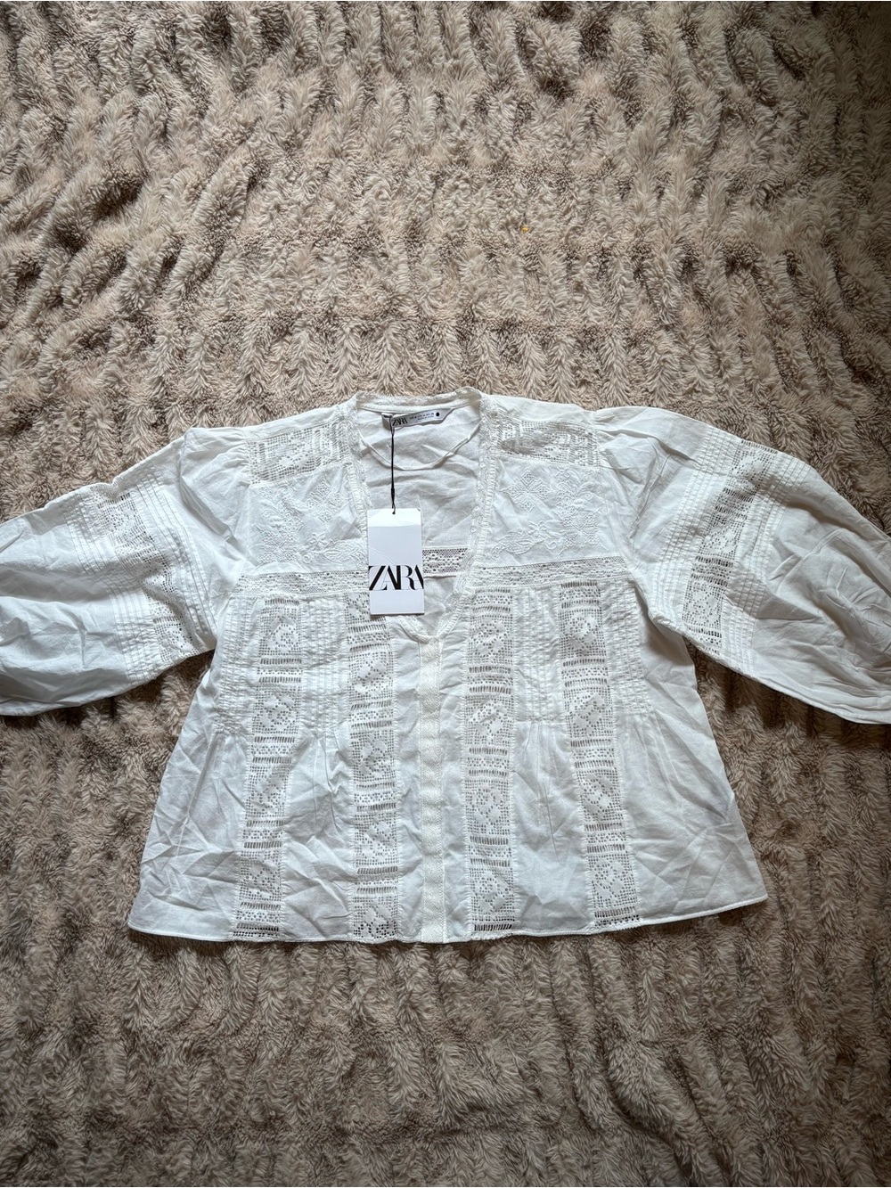 Zara White Lace-Panel Cotton Blouse